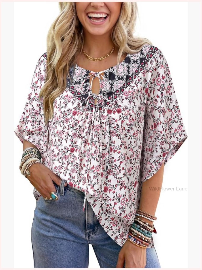 Boho V Neck Short Sleeve Floral Blouse Tie Front Flow